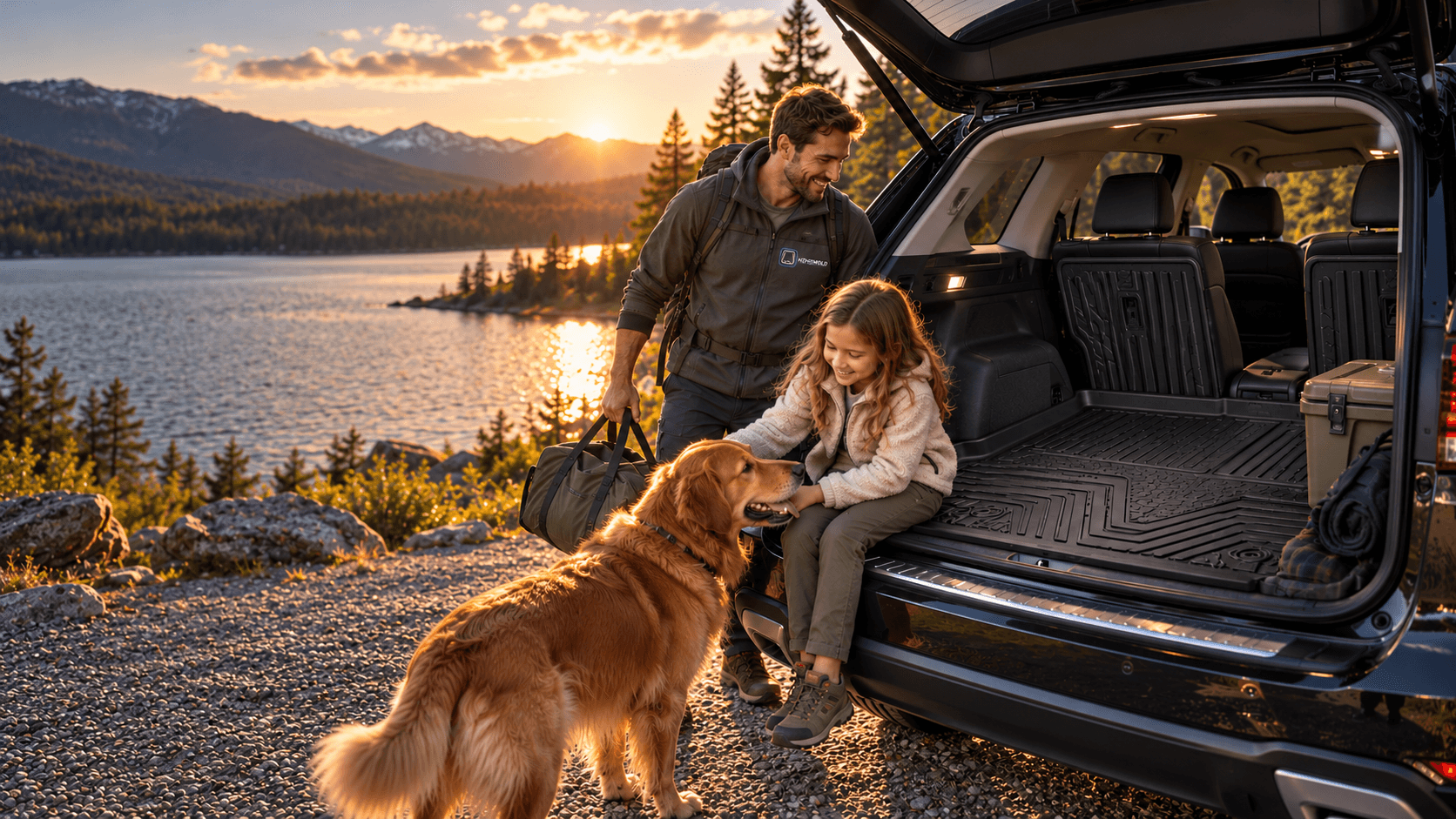 Illustrative lakeside scene with a family, dog, and HZHZMOLD cargo liner