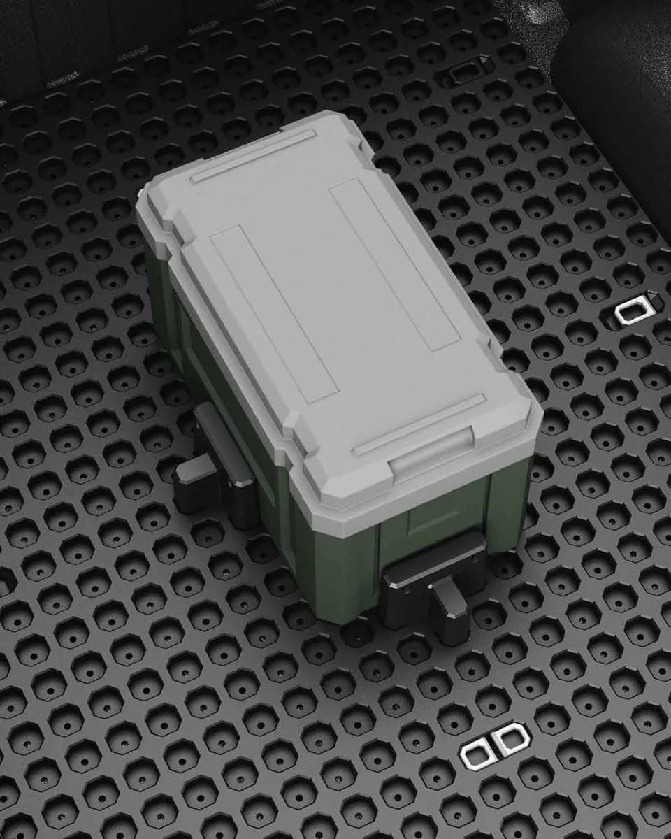 Cargo box positioned on the modular truck bed mat