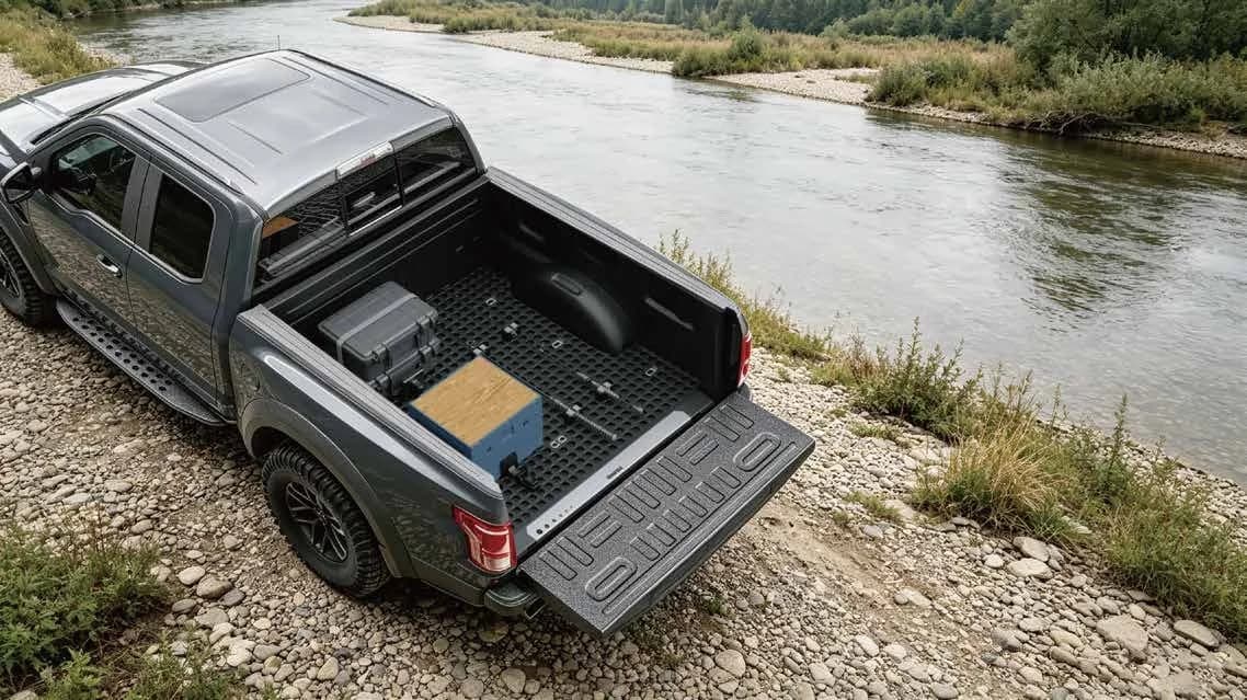 Pickup by a river with modular mat and cargo in its bed