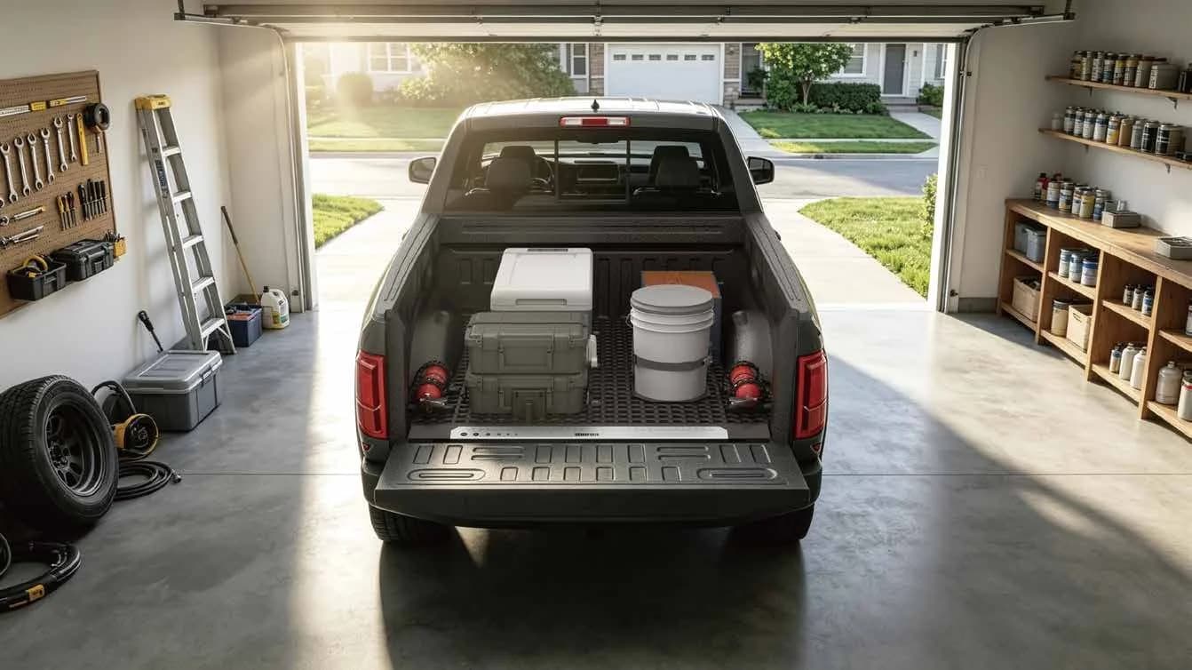 Truck bed with organized work cargo in a garage