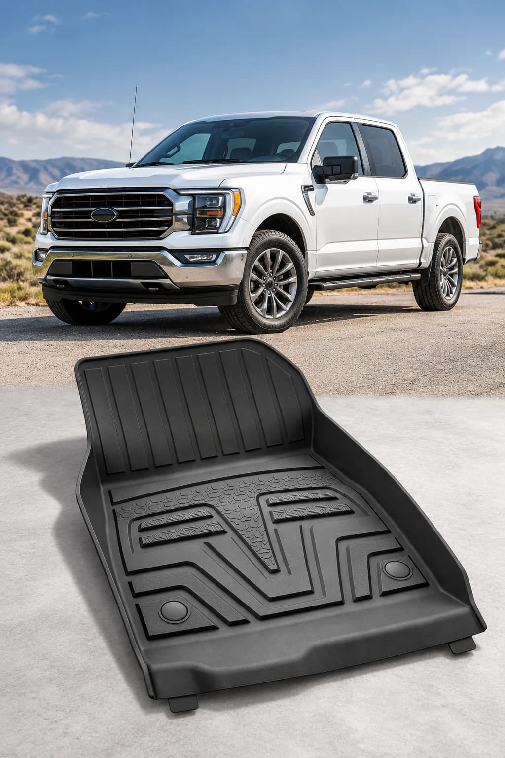 Illustrative white Ford F-150 above a black driver-side TPE floor mat