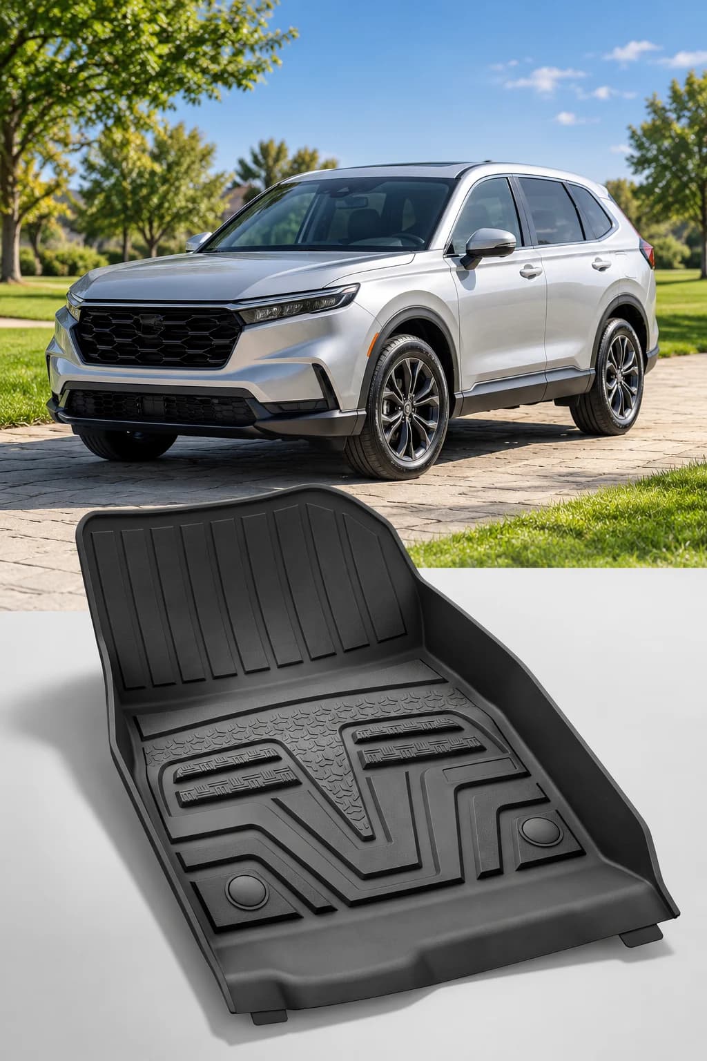 Illustrative silver Honda CR-V above a black driver-side TPE floor mat