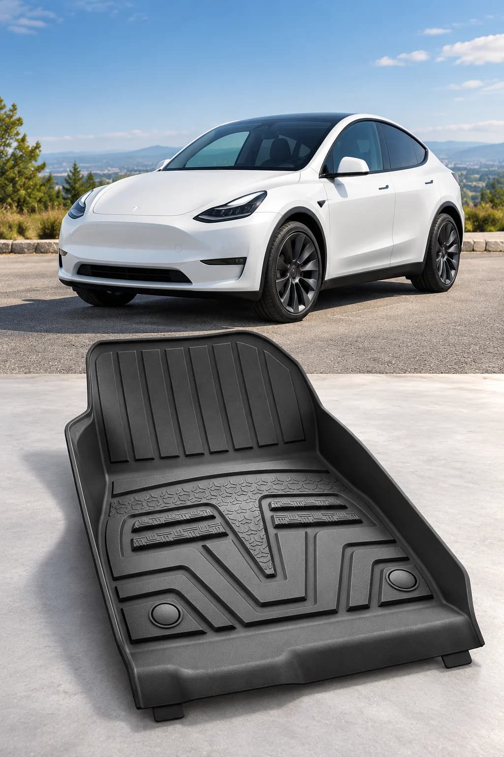 Illustrative white Tesla Model Y above a black driver-side TPE floor mat