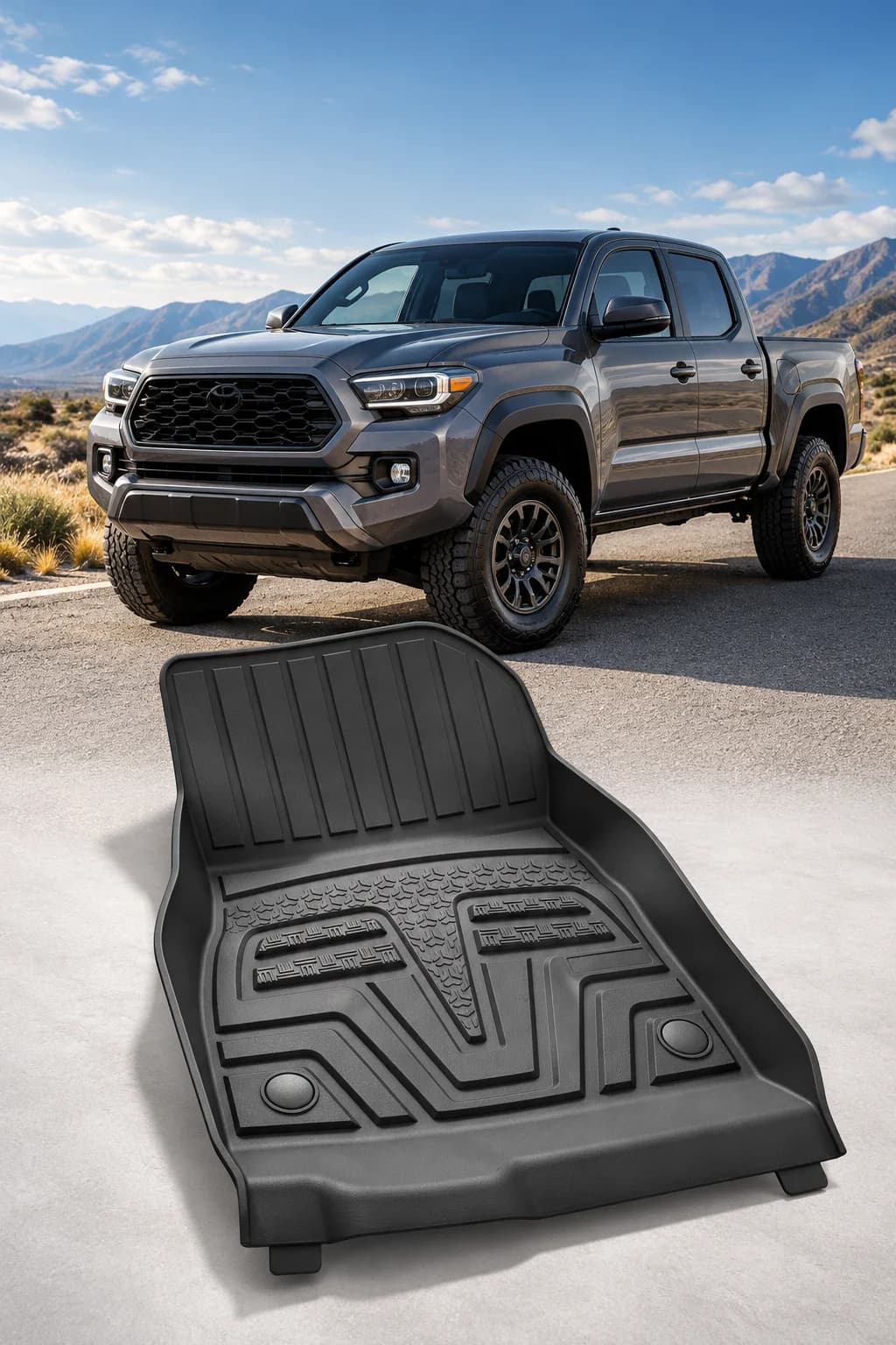 Illustrative gray Toyota Tacoma above a black driver-side TPE floor mat