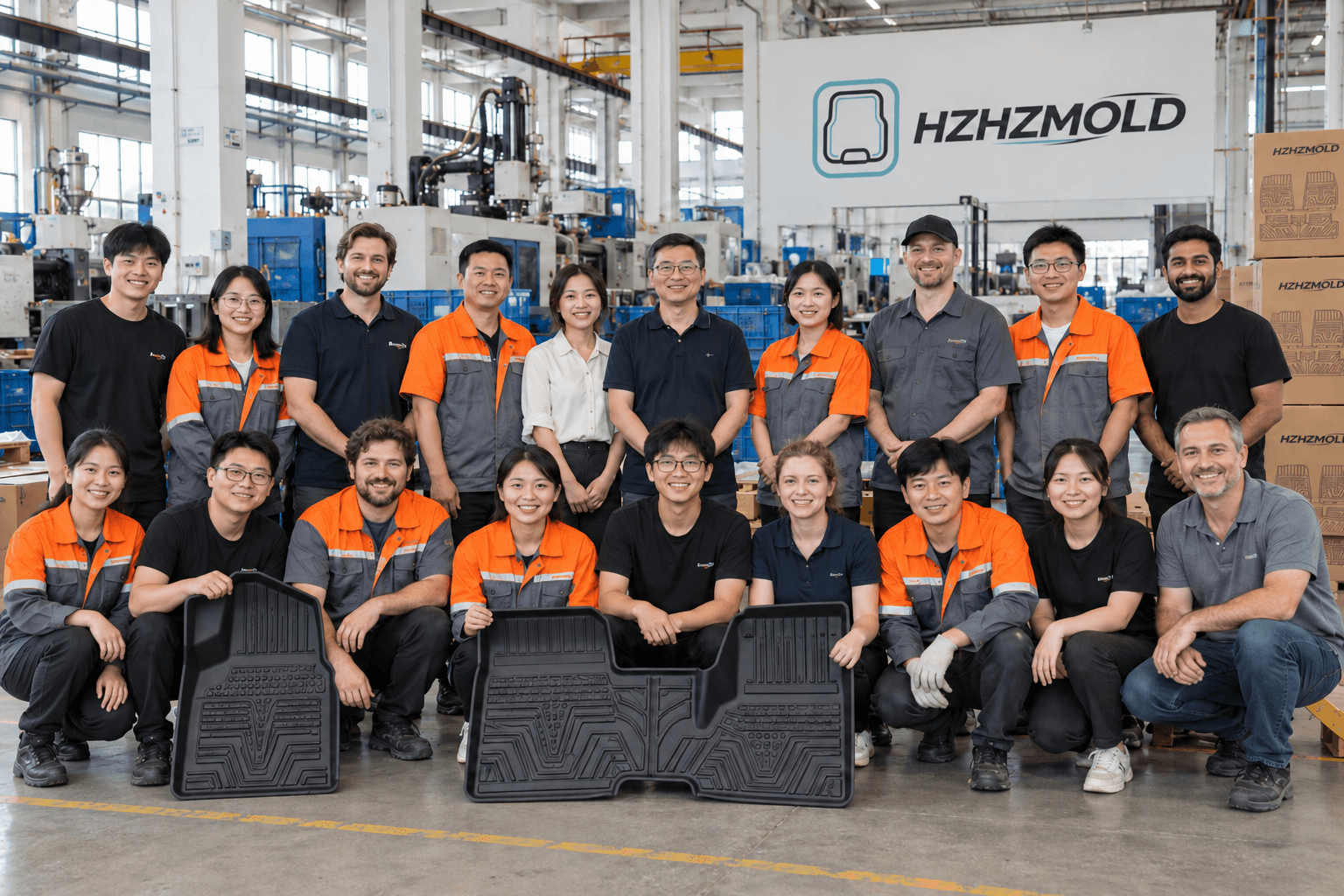 AI-generated concept photo of twenty distinct smiling Chinese and international people with HZHZMOLD branding in a floor mat workshop