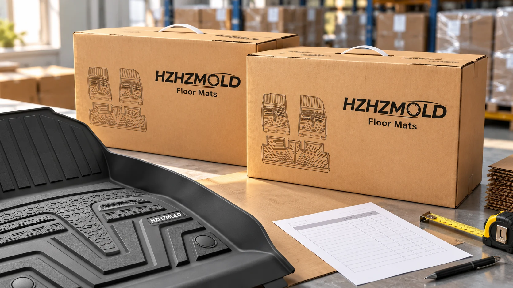 Editorial visualization of HZHZMOLD floor mat cartons and a packing plan
