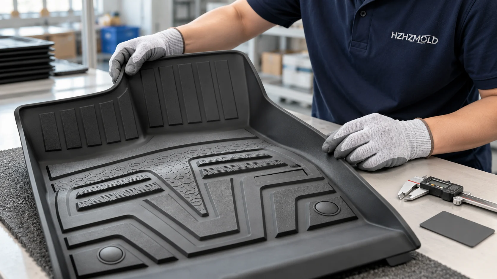 Editorial visualization of a branded technician reviewing a TPE floor mat sample