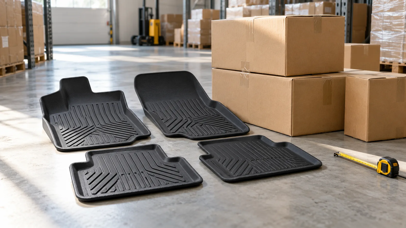 Illustrative unbranded floor-mat set and plain shipping cartons