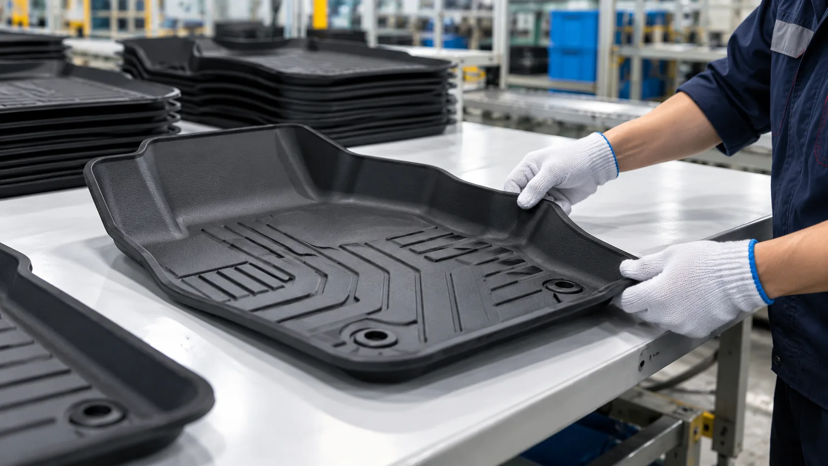 Illustrative molded floor-mat production and visual inspection setting
