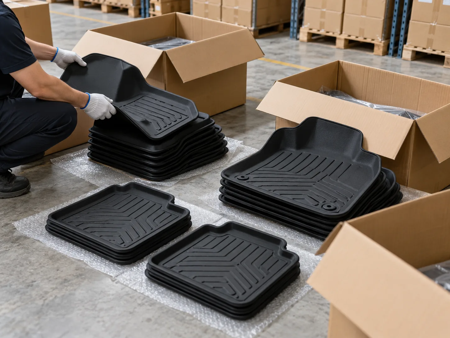 Illustrative inspection of packed floor-mat sets and plain cartons