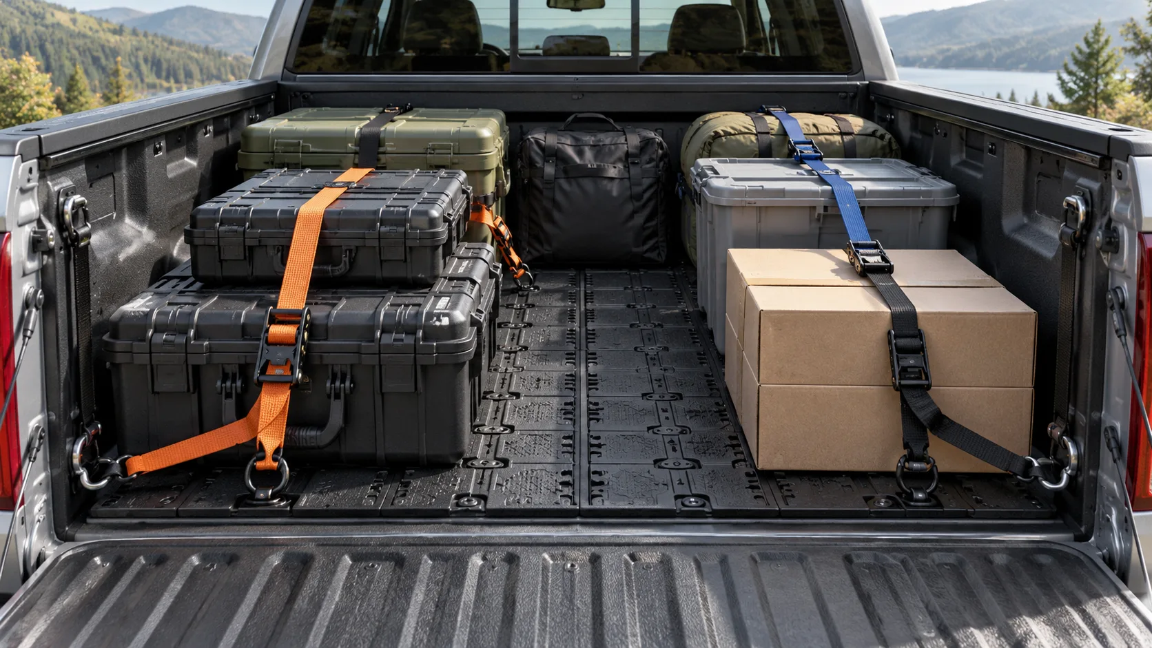 Illustrative modular pickup bed layout with tool cases and boxes