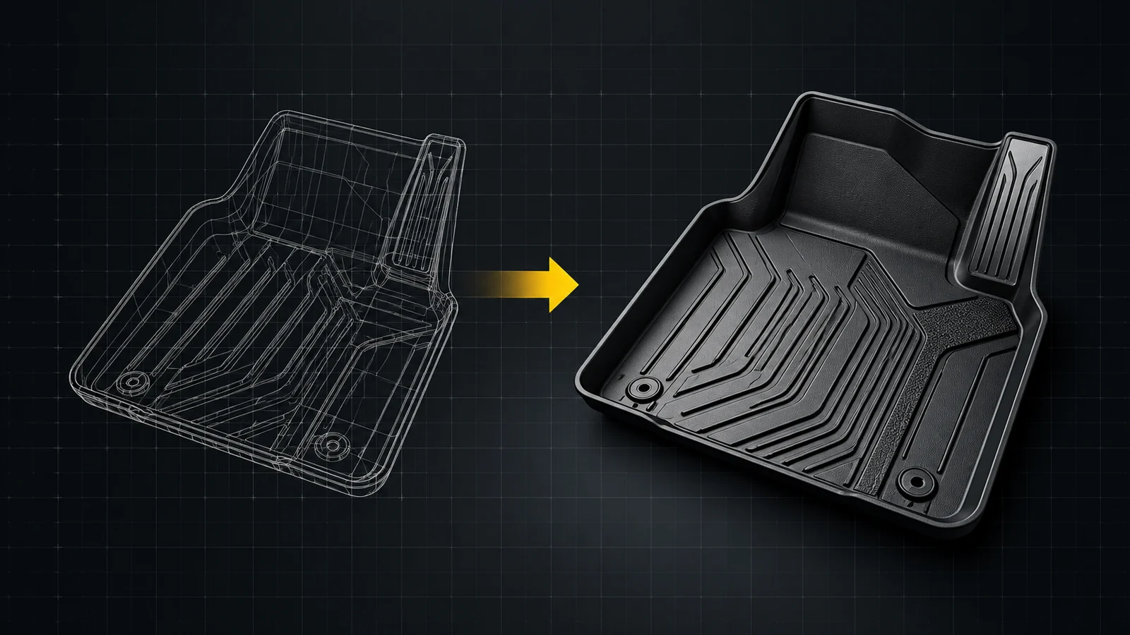 Illustrative drawing-to-product diagram of a molded TPE floor mat